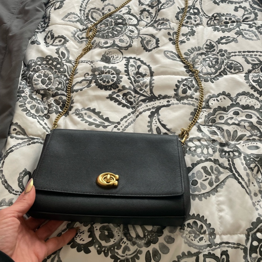 Coach purse black with gold c an velvet egg plant insides.